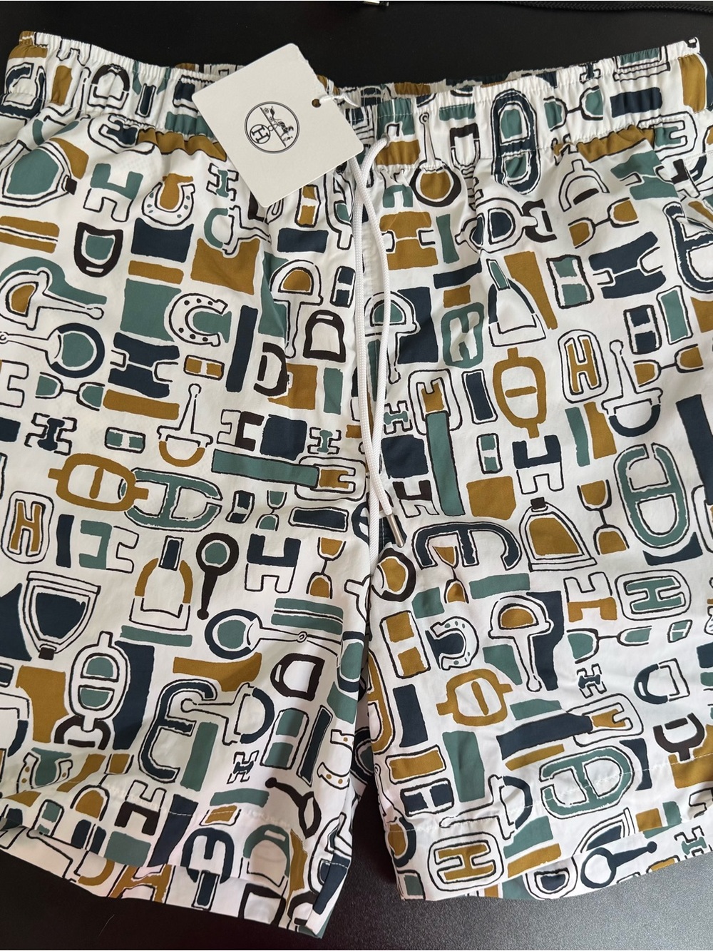 Hermes Printed Design Style Drawstring Shorts with Teal & Mustard Accents